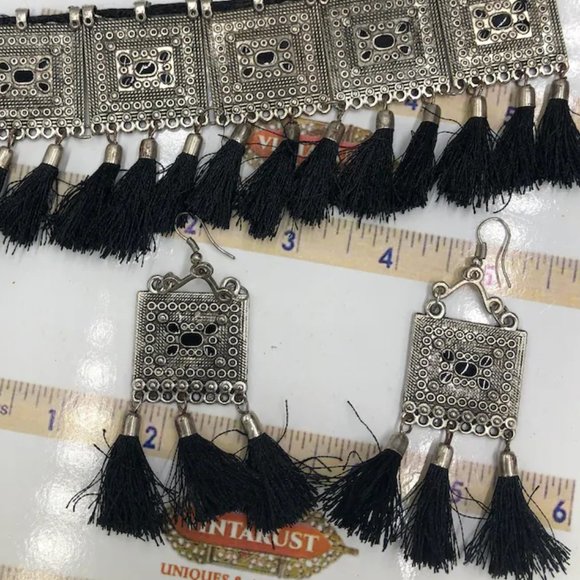 Silver Kuchi Afghan Jewelry Set With Dangling Tassels, Tribal Set - Picture 2 of 4